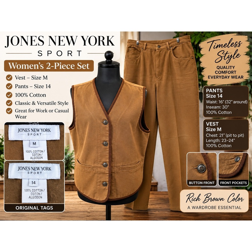 Jones New York Sport Womens 2-Piece Set Brown Cotton Vest M and Pants 14